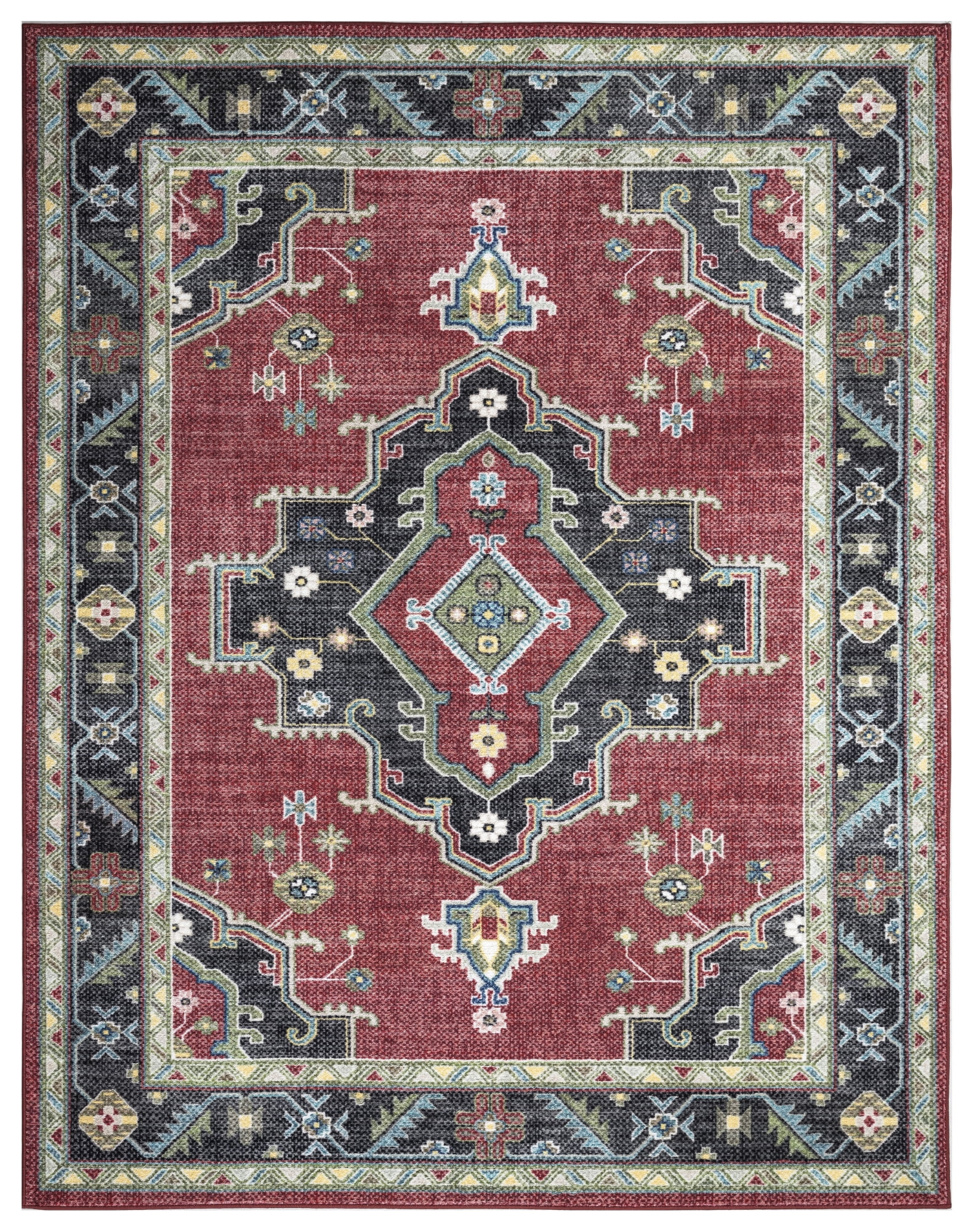 Heriz Medallion Red and Black Synthetic 5' x 7' Area Rug
