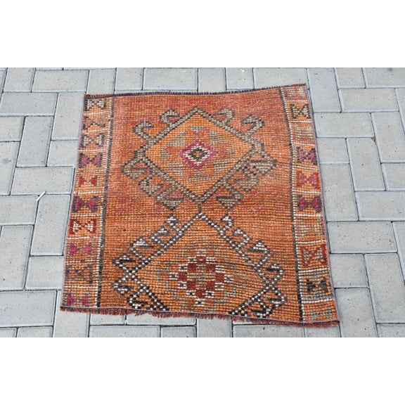 Herki Rug, , Turkish Rug, 2.6x2.6 ft Small Rugs, Rugs For Bathroom, Orange Anatolian Rug, Antique Rug, Vintage Rug, Decorative Nursery Rug