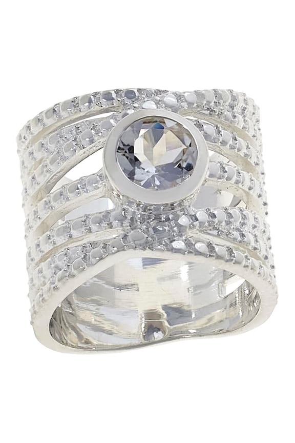 Silvertone "Diamond" Quartz Solitaire Wide Wrap Ring, Size 8