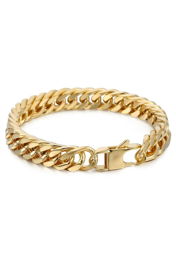 10mm Wide 316L Stainless Steel Bracelet Gold Double Curb Rombo Mens Chain