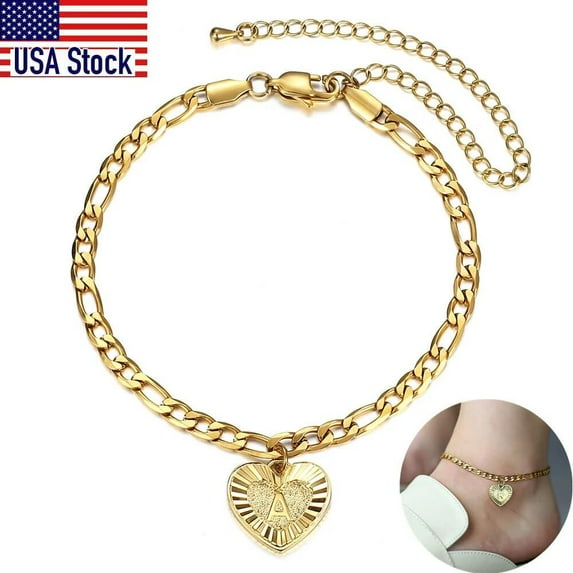Hermah Gold Heart Initial Letter Anklet for Women Figaro Foot Chain