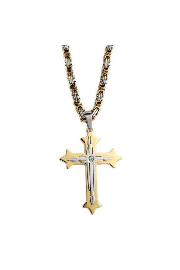 Men Cross Pendant Necklace Byzantine Box Stainless Steel Chain 24inch Silver Gold