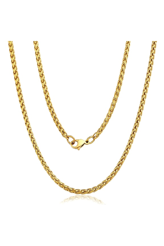 Men Women Braided Wheat Spiga Necklace Gold Plated Stainless Steel Chain