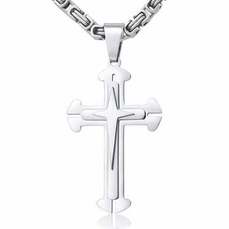 Hermah Mens Stainless Steel Cross Pendant Necklace Chain Byzantine 5mm 22-30inch