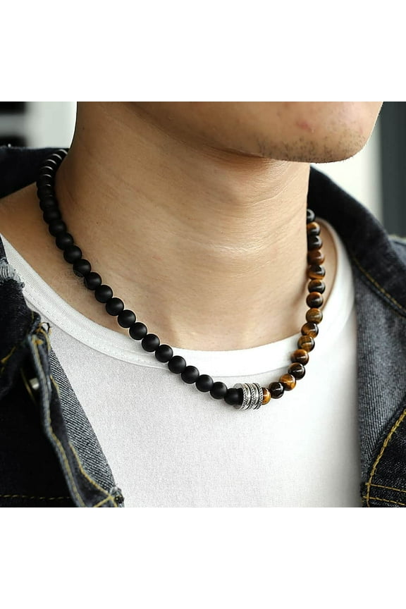 Natural 8mm Tiger Eyes Jasper Polar Jade Beaded Necklace for Men Toggle Clasp Necklace