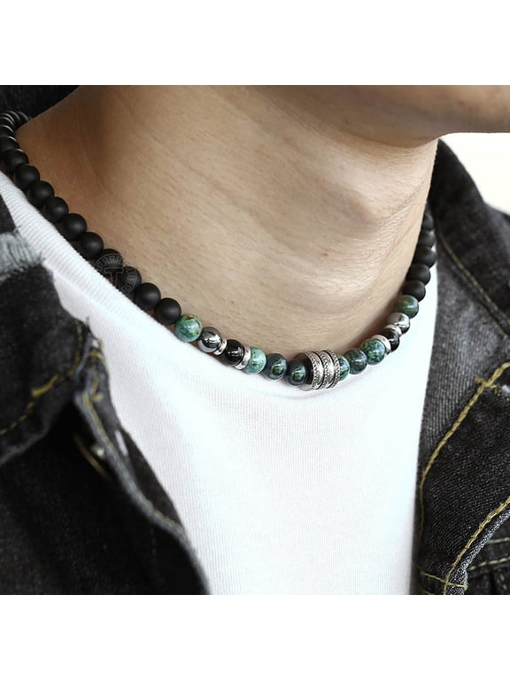 Natural 8mm Tiger Eyes Jasper Polar Jade Beaded Necklace for Men Toggle Clasp Necklace