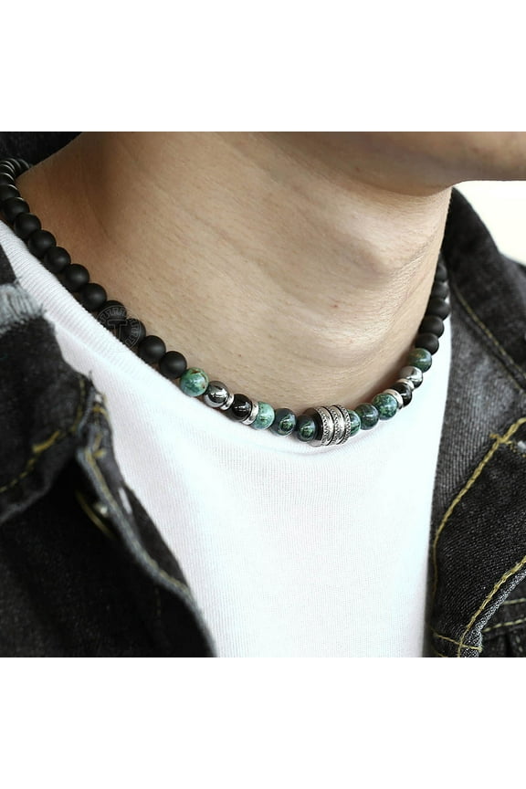 Natural 8mm Tiger Eyes Jasper Polar Jade Beaded Necklace for Men Toggle Clasp Necklace