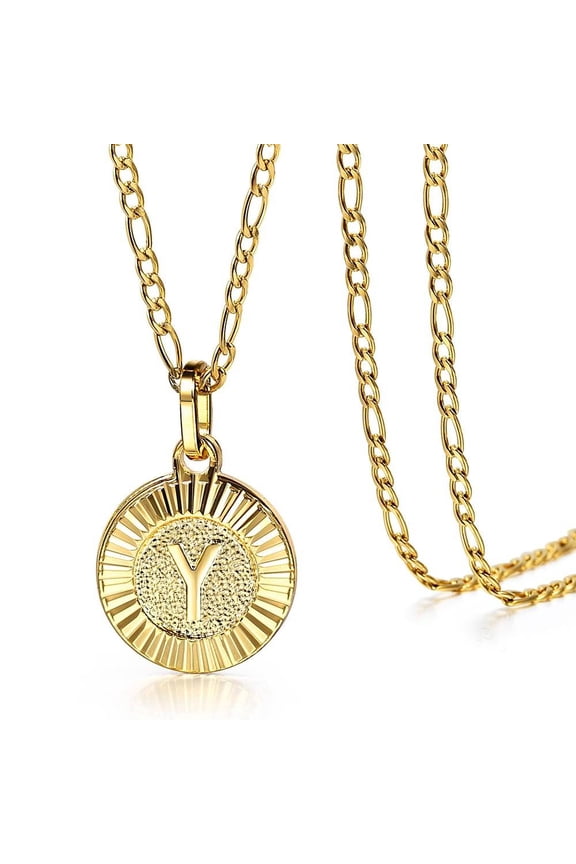 Round Gold Plated Initial Letter Pendant Necklace Figaro Chain 18inch