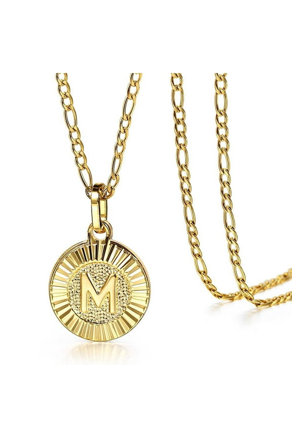 Round Gold Plated Initial Letter Pendant Necklace Figaro Chain 18inch