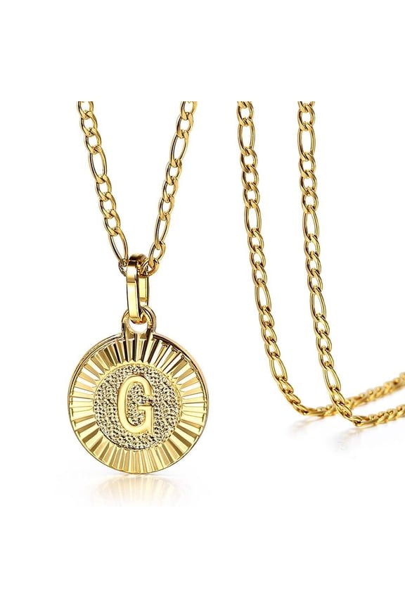 Round Gold Plated Initial Letter Pendant Necklace Figaro Chain 18inch