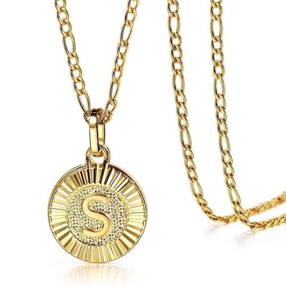 Hermah Round Gold Plated Initial Letter Pendant Necklace Figaro Chain 18inch