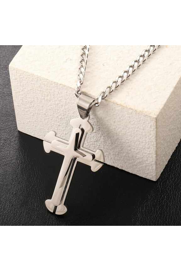Silver Cross Pendant Necklace for Men 5mm Cuban Chain