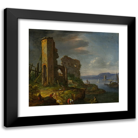 Herman Saftleven 14x12 Black Modern Framed Museum Art Print Titled - River Landscape with Ruins, Boats and Figures (1674)