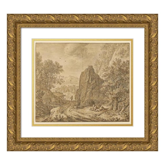 Herman Saftleven 17x15 Gold Ornate Wood Frame and Double Matted Museum Art Print Titled - Mountain Landscape with Figures (1648-1652)