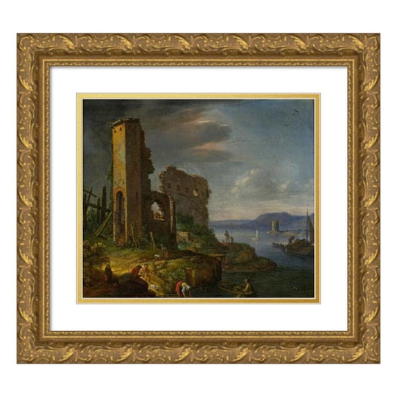 Herman Saftleven 17x15 Gold Ornate Wood Frame and Double Matted Museum Art Print Titled - River Landscape with Ruins, Boats and Figures (1674)