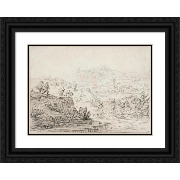 Herman Saftleven 24x18 Black Ornate Framed Double Matted Museum Art Print Titled: Hilly Landscape with Stream and Figures (1609 - 1685)