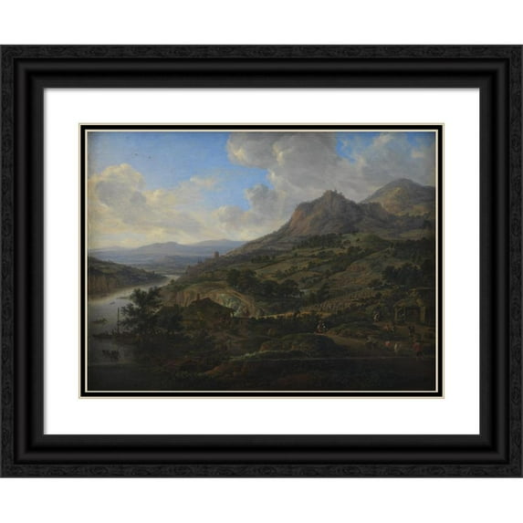 Herman Saftleven 24x19 Black Ornate Framed Double Matted Museum Art Print Titled: Wine Harvest at the Rhine (1658 - 1659)