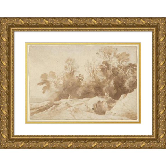 Herman van Swanevelt 18x14 Gold Ornate Wood Frame and Double Matted Museum Art Print Titled - Landscape with Trees and Figures (1600-1665)