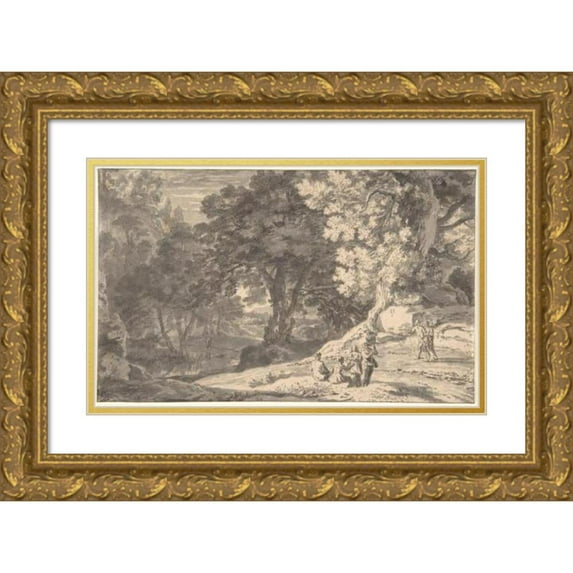 Herman van Swanevelt 24x16 Gold Ornate Framed and Double Matted Museum Art Print Titled - A Wooded Landscape with Travellers by the Roadside, a Stream Beyond (17th Century)