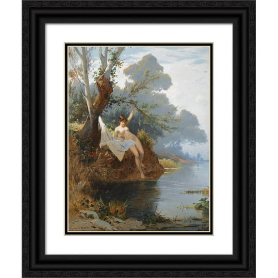 Hermann David Salomon Corrodi 12x14 Black Ornate Wood Framed Double Matted Museum Art Print Titled: By the Riverbank