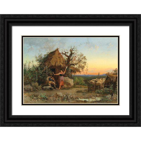 Hermann David Salomon Corrodi 24x18 Black Ornate Framed Double Matted Museum Art Print Titled: A Backpipe Playing Shepherd, in the Background Rome (1869)