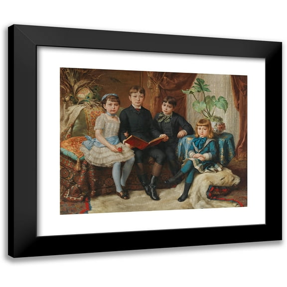 Hermann Nigg 14x12 Black Modern Framed Museum Art Print Titled - Four Siblings on a Polar Bear Skin Rug (1882)