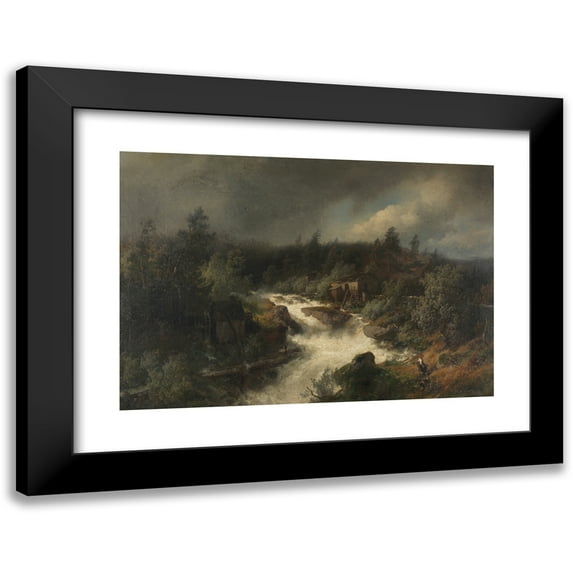 Hermann Ottomar Herzog 18x14 Black Modern Framed Museum Art Print Titled - Watermill on the Roaring Mountain Stream (1870)