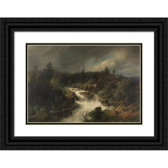 Hermann Ottomar Herzog 18x14 Black Ornate Wood Framed Double Matted Museum Art Print Titled - Watermill on the Roaring Mountain Stream (1870)