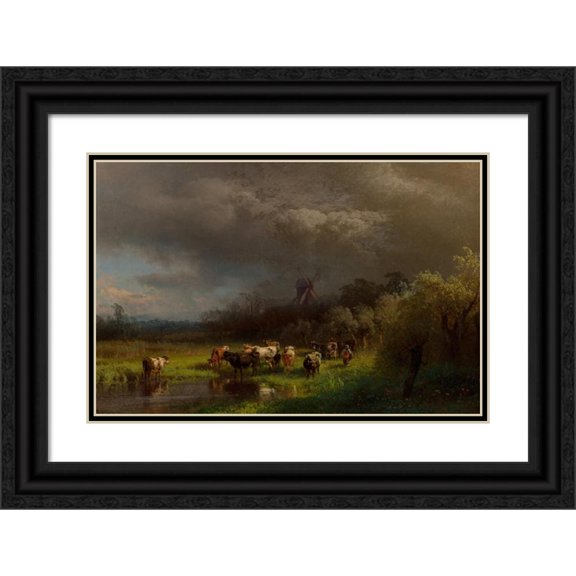 Hermann Ottomar Herzog 24x17 Black Ornate Framed Double Matted Museum Art Print Titled: Landscape with a Windmill (1876)