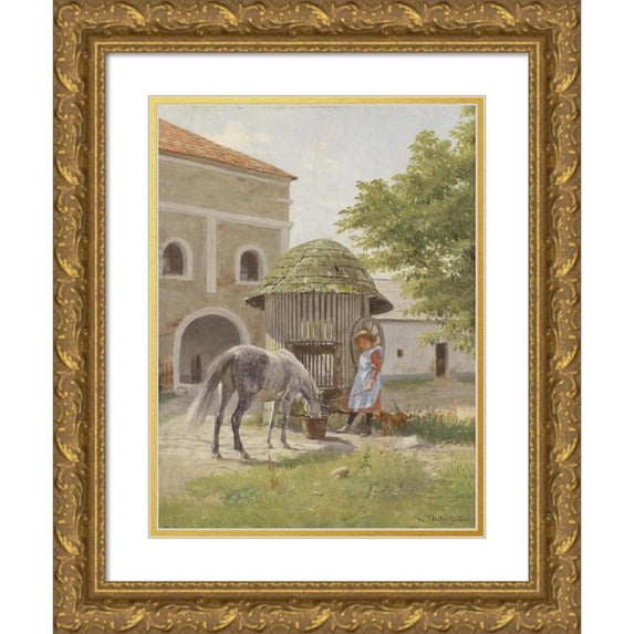 Hermann Reisz 18x24 Gold Ornate Framed and Double Matted Museum Art Print Titled - Girl with Horse on the Fountain