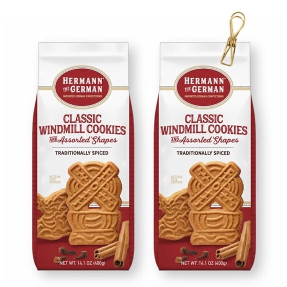 Hermann the German Classic Windmill Cookies Assorted Shapes 14.1 oz /400g. X 2 Packs w Bonus Gift Metallic Wire Bag Clip (3-Pc Set)