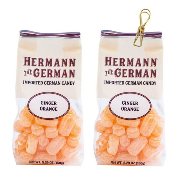 Hermann the German Ginger Orange Bavarian Hard Candy 5.29 oz. X 2 with Bonus Vintage Design Metallic Bag Clip (3-Pc Set)