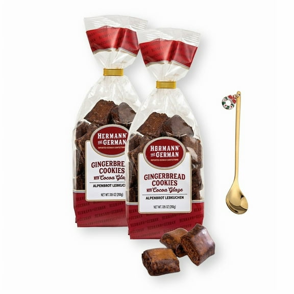Hermann the German Gingerbread Cookies with Cocoa Glaze 7.05 Oz. /200 g.  X 2 with Gold Holiday Pedant Spoon (3-Pc Set)