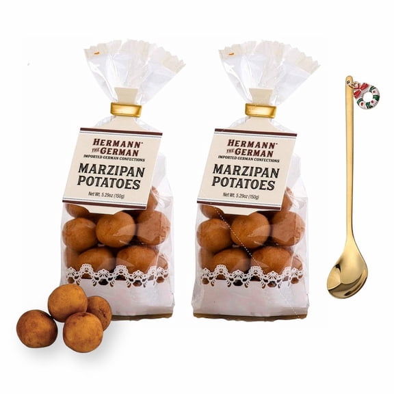 Hermann the German Marzipan Potatoes 5.29 oz /150 g. X 2 with Gold Stainless Steel Holiday Pendant Spoon (3-Pc Set)