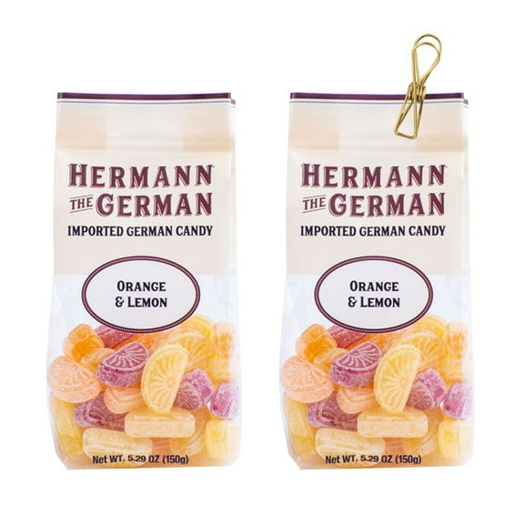 Hermann the German Orange Lemon Bavarian Hard Candy 5.29 oz. X 2 with Bonus Vintage Design Metallic Bag Clip (3-Pc Set)