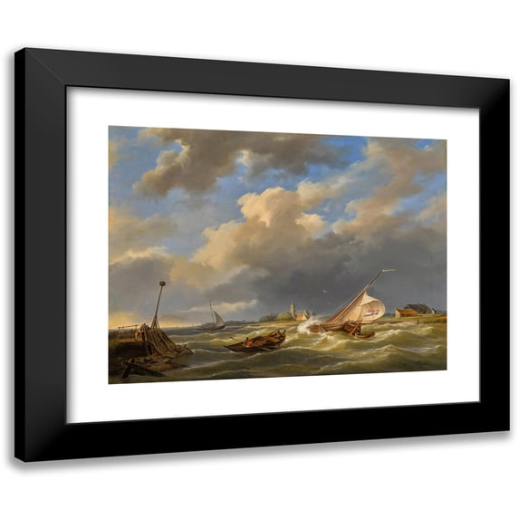 Hermanus Koekkoek 14x12 Black Modern Framed Museum Art Print Titled - Boats at Sea (1845)