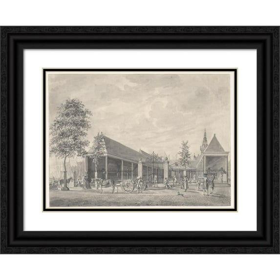 Hermanus Petrus Schouten 24x18 Black Ornate Framed Double Matted Museum Art Print Titled: A View of the Nieuwe Korenbeurs on the Damrak, Amsterdam, the Tower of the Oude Kerk Beyon