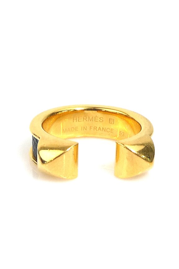 Pre-Owned Hermes HERMES Ring Athena Double Clou Metal Leather Gold Black Women's 1 e62017i