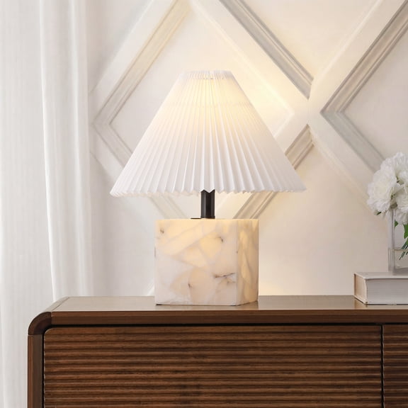 Hermin 16.5 in. Contemporary Minimalist Geometric Sculptural Alabaster Cube Metal LED Table Lamp with Nightlight Base and Pleated Shade, White