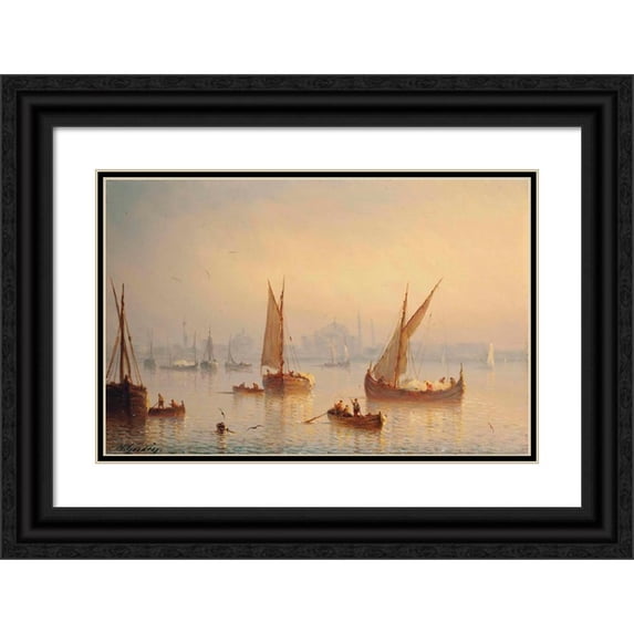 Herminie Henriette Gudin 18x13 Black Ornate Wood Framed Double Matted Museum Art Print Titled - Vessels on the Bosphourus, Hagia Sophia Mosque Beyond