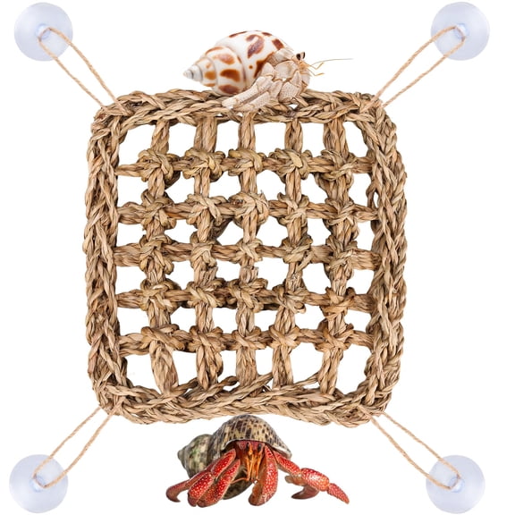 Hermit Crab Climbing Toys, Seagrass Mat Lizard Hammock with Suction Cup, 7.7" x 7.1" Natural Seagrass Woven Net, Tank Accessories for Small Reptiles Hermit Crab Lizard Hamster Guinea Pig Rats