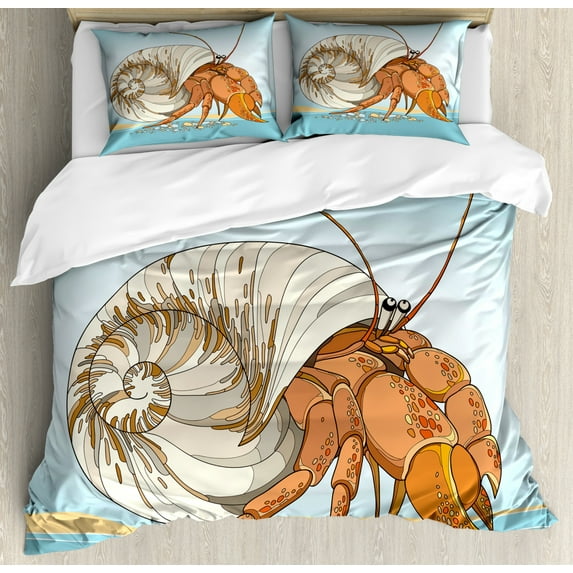 Hermit Crab Duvet Cover Set Queen Size, Doodle Style Coenobita Perlatus with Details, Decorative 3 Piece Bedding Set with 2 Pillow Shams, Blue Orange, by Ambesonne