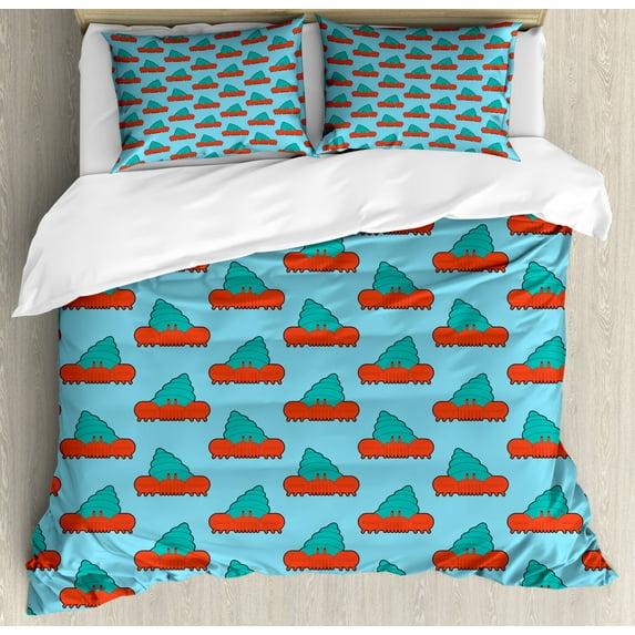 Hermit Crab Duvet Cover Set Queen Size, Graphical Interpretation of Crabs Pattern, Decorative 3 Piece Bedding Set with 2 Pillow Shams, Sky Blue Vermilion, by Ambesonne