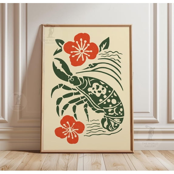 Hermit Crab Floral Poster, Japanese Style Botanical Illustration, Coastal Living Room And ...