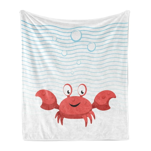 Hermit Crab Soft Flannel Fleece Throw Blanket, Cartoon Style Smiling Crab Bubbly Underwater, Cozy Plush for Indoor and Outdoor Use, 50" x 60", Dark Coral Sky Blue, by Ambesonne