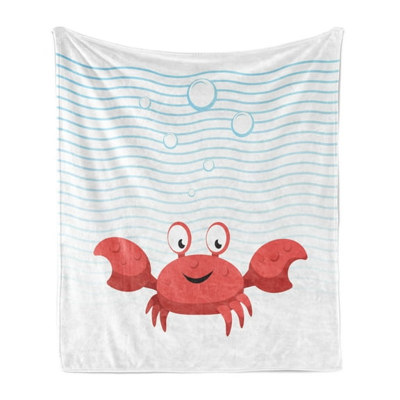 Hermit Crab Soft Flannel Fleece Throw Blanket, Cartoon Style Smiling Crab Bubbly Underwater, Cozy Plush for Indoor and Outdoor Use, 50" x 70", Dark Coral Sky Blue, by Ambesonne