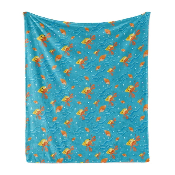 Hermit Crab Soft Flannel Fleece Throw Blanket, Sea Animals Theme with Seashells and Bubbles, Cozy Plush for Indoor and Outdoor Use, 50" x 70", Deep Sky Blue Amber, by Ambesonne