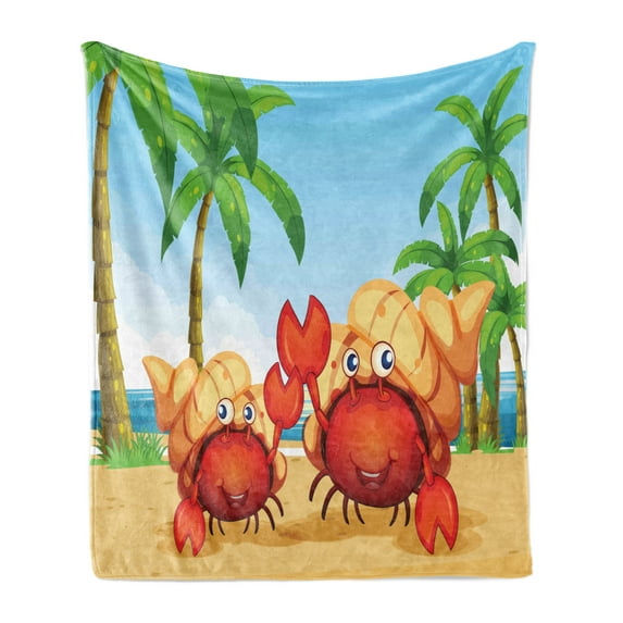 Hermit Crab Soft Flannel Fleece Throw Blanket, Smiling Hermit Crabs with a Tropical Setting on the Background, Cozy Plush for Indoor and Outdoor Use, 60" x 80", Pale Sky Blue Multicolor, by Ambesonne