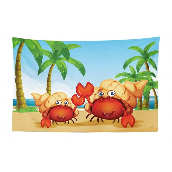 Hermit Crab Tapestry, Sea Animals Theme with Seashells and Bubbles, Fabric Wall Hanging Decor for Bedroom Living Room Dorm, 2 Sizes, Deep Sky Blue Amber, by Ambesonne