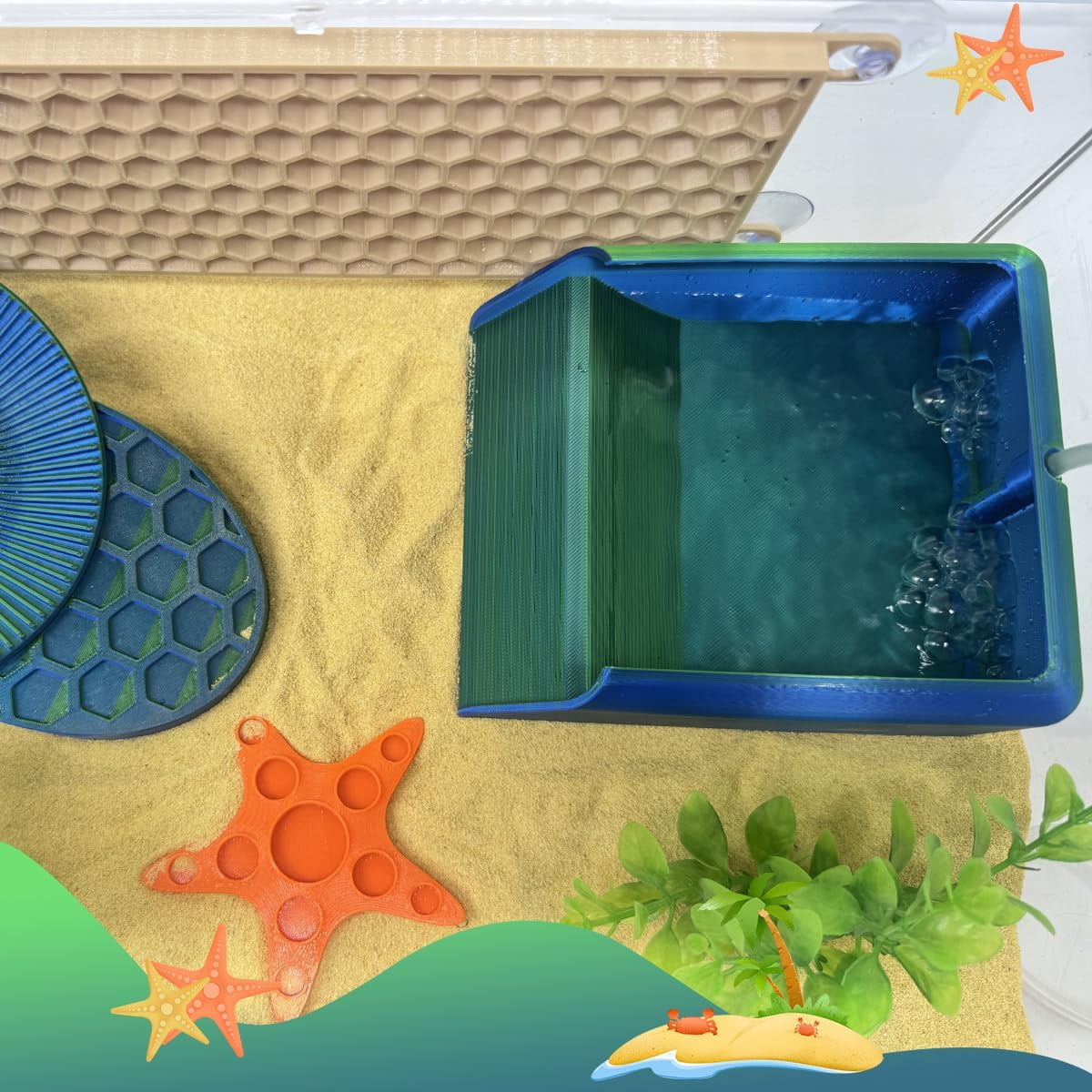 Hermit Crab Water Bowl with Climbing Ramp, Reptile Feeding Water Dish Tank Accessories for Hermit Crab Bearded Dragon Lizard Tortoise Frog Gecko (Navy Blue)